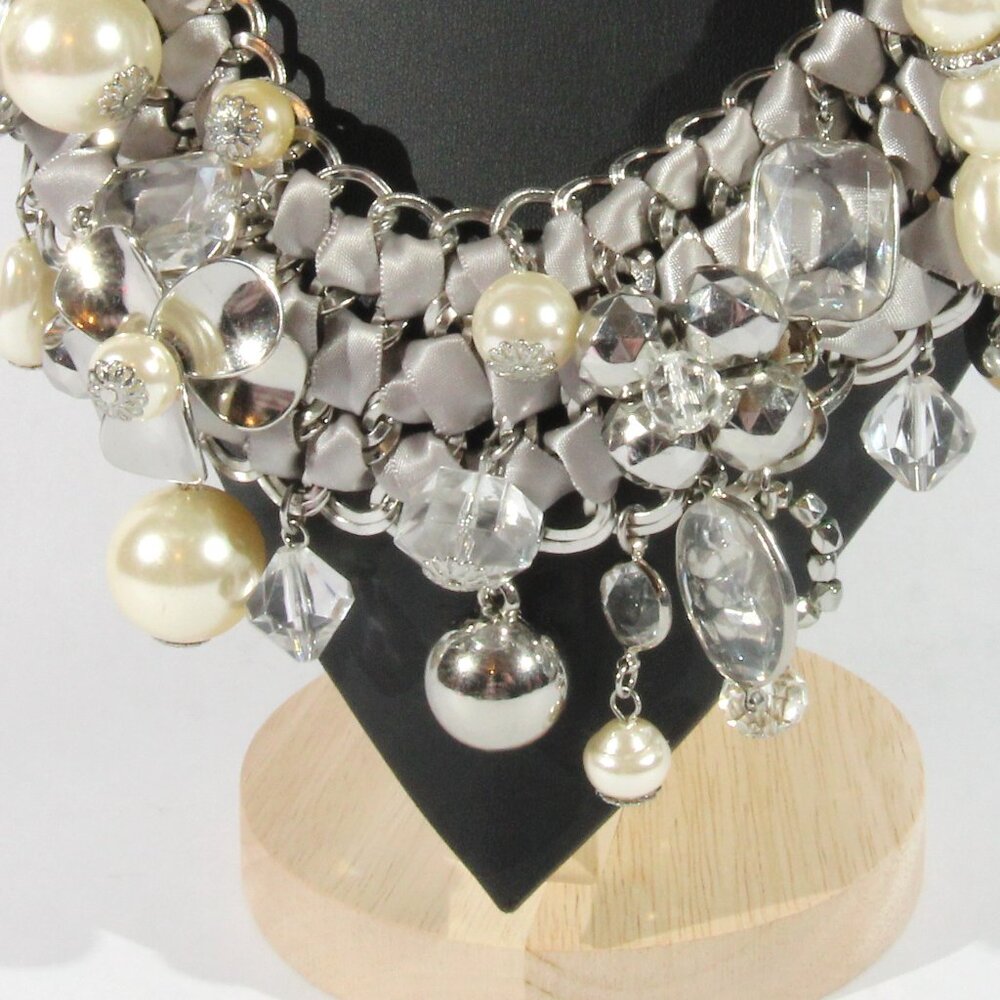 Chico's Silver Tone and Grey Fabric, Faux Pearls and Rhinestones Necklace - Picture 2 of 10
